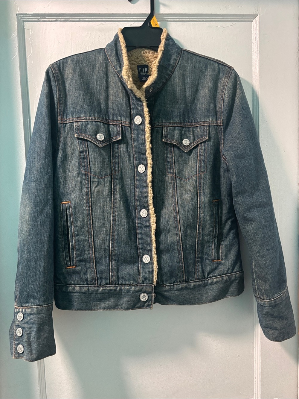 GAP Dark Blue Denim Jacket with Cream Sherpa Trim